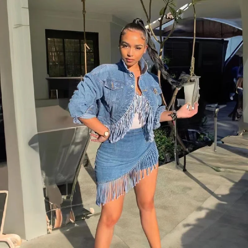 Fashion casual tassel skirt denim 2pc set(CL12125) low waist skirt