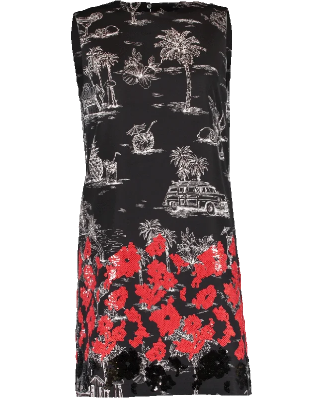 Red Beaded Bottom Print Shift Dress Tunics Luxurious premium