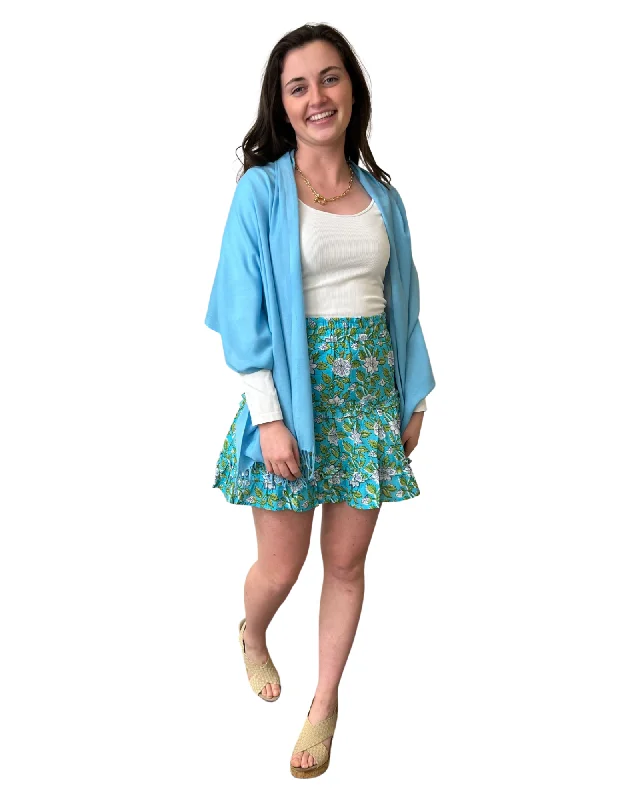 The Kara Block Print Elastic Waist Tiered Skirt in Turquoise velvet skirt plush
