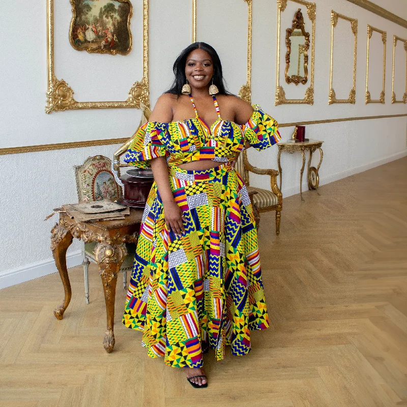 Rainbow Kente Top and Maxi Skirt Set corduroy skirt durable