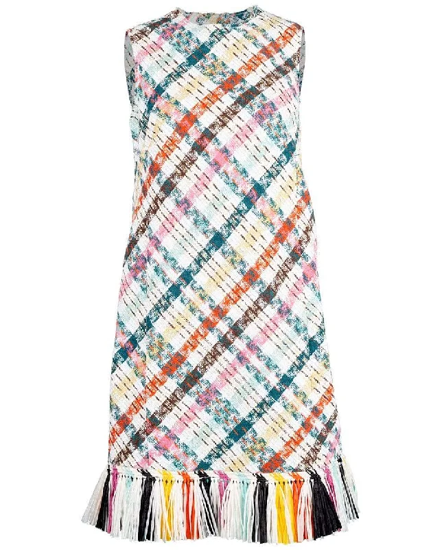 Fringe Trim Tweed Shift Dress Floral Print girly