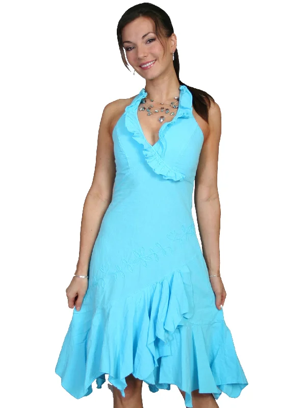 Women's Cantina Collection Dress: Halter Style with Ruffle, Turquoise Tunic Top Casual