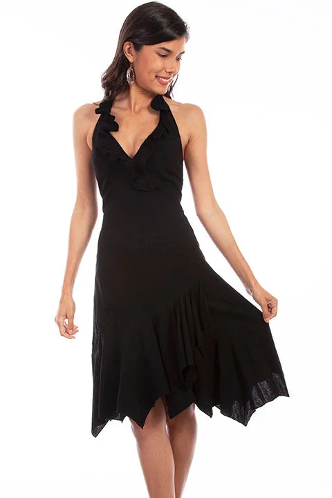 Women's Cantina Collection Dress: Halter Style with Ruffle, Black Tunics Short Trendy