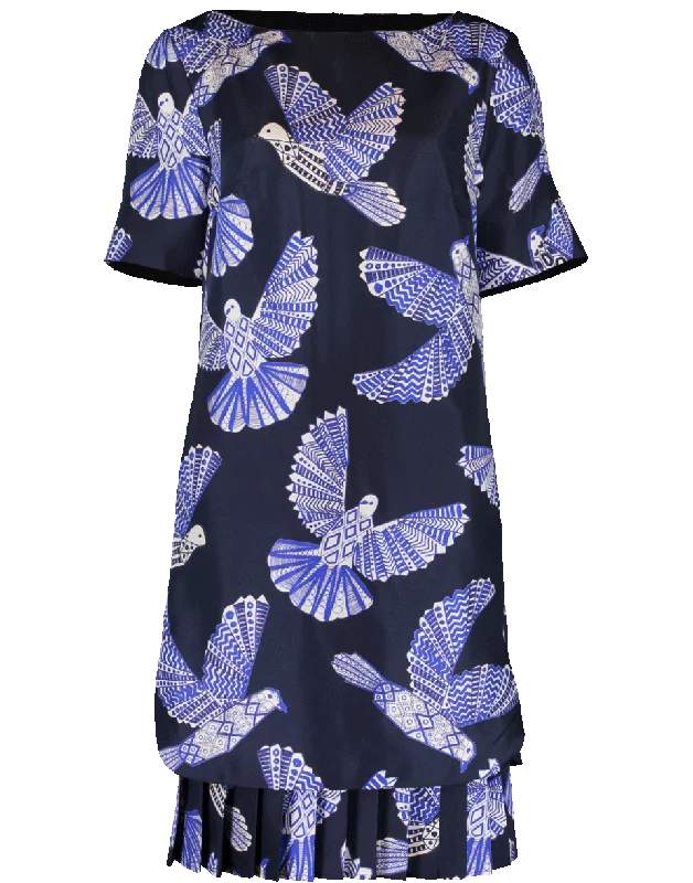 Dove Print Pleated Hem Silk Dress Tunics New arrival
