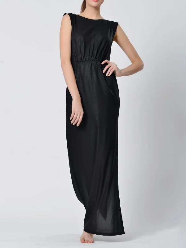 Elastic TANGY Silk One-line Neckline Sleeveless Long Dress Maxi Flowy Bohemian