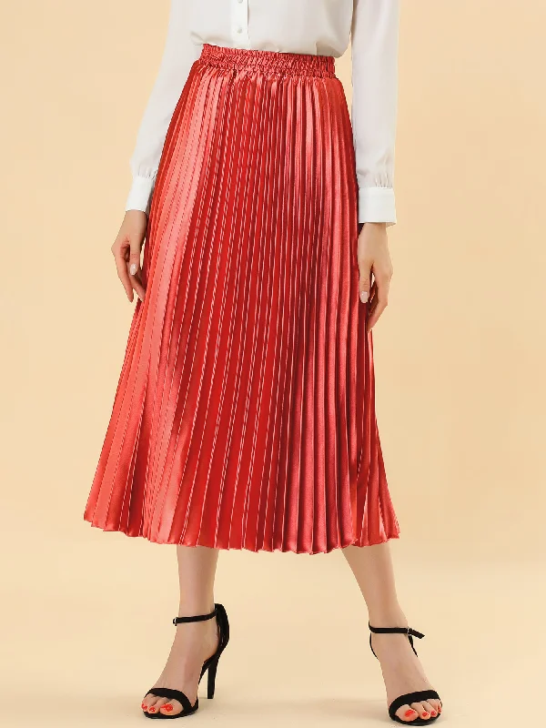 Party Elastic Waist Metallic Shiny Pleated Midi Skirt casual skirt length
