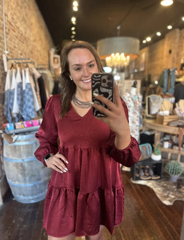 Cyrus Tiered Ruffle Dress [Burgundy] Tunics Prom sequined