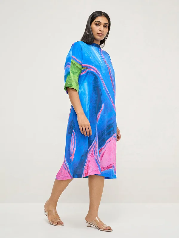 Diza Blue Abstract Printed A-Line Dress Tunics Recommended stylist