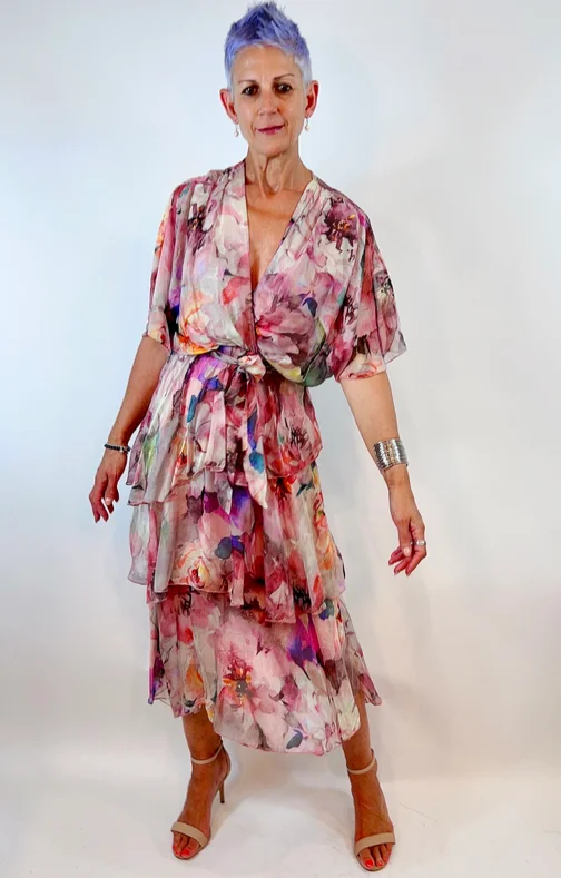 La Strada - Dusty Pink Floral Silk Layer Ruffle Dress LSD21-901-121 Tunics Essential wardrobe