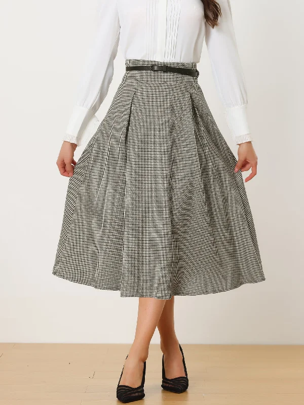 Women's Vintage Checked High Waist Belted A-Line Plaid Skirt athletic skirt fit