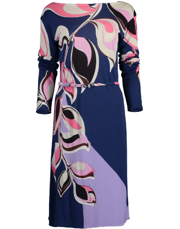 Belted Boatneck Print Dress Halter Neckline Beach