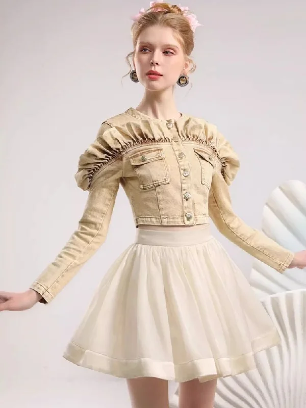 Khaki Denim Top Organza Half Skirt Two Piece Set【s0000006819】 flowy skirt hem