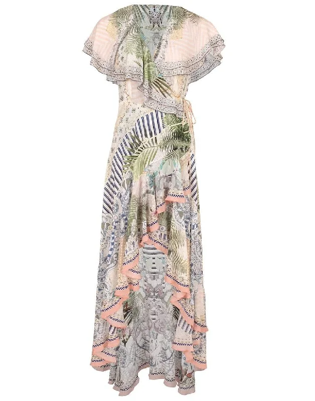 Beach Shack Print Frill Sleeve Long Dress Tunics Yoga stretchy