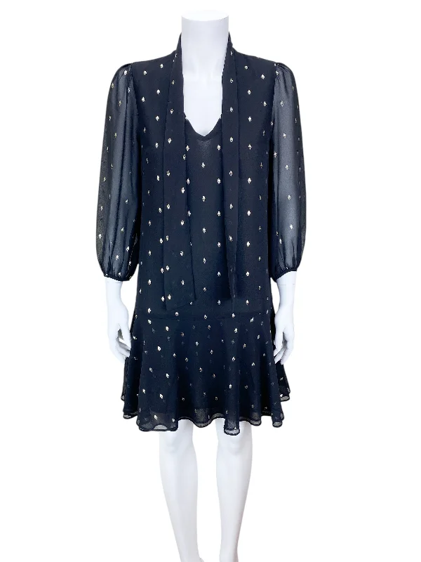 Banana Republic Women's Tie Neck Metallic Print Dress Black Gold Size 4 Tunics Stylish elegant