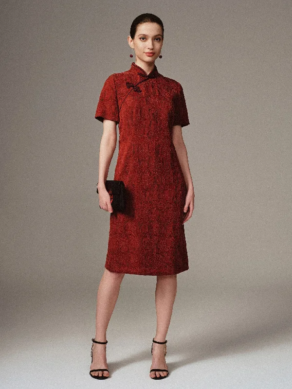 Jacquard Gambiered Guangdong Silk Cheongsam Dress with Fancy Madarin Buttons Pencil Office Professional