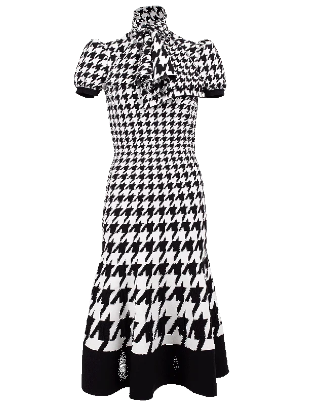 Houndstooth Tie Neck Knit Dress Tunics Fall fleece