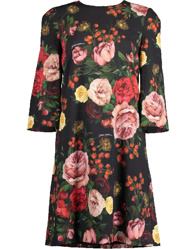 Floral Print A-Line Dress Turtleneck Neckline Stylish