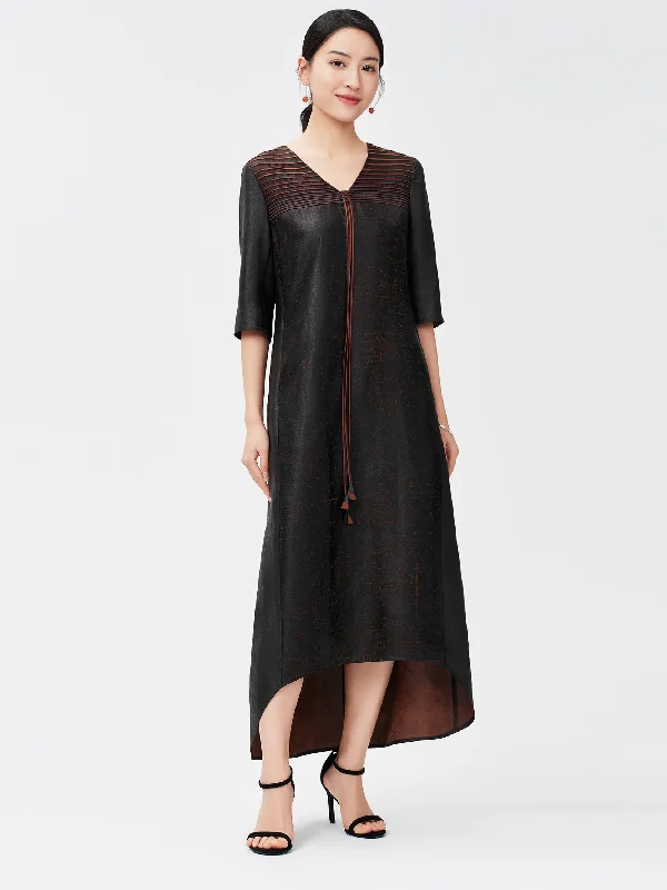 Gambiered canton silk V-neck fringed a-swing long dress with gradient and dense edge empire Waist empire