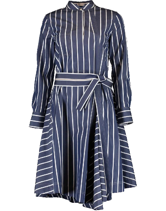 Long Sleeve Belted Stripe Dress Tunics Chic fashionable