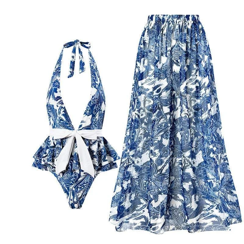 2 PCS Dragonfly Print One Piece Swimwear with Skirt Y111 spandex blend skirt
