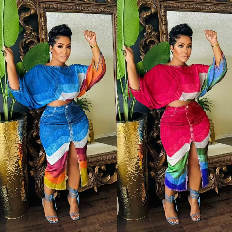 One-neck bat sleeve top split skirt 2pc set（CL12308） ribbed skirt waist
