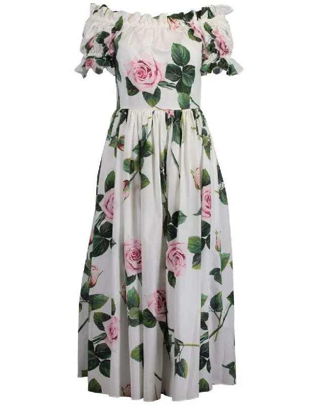 Tropical Rose Print Poplin Dress Boat Neckline Classic