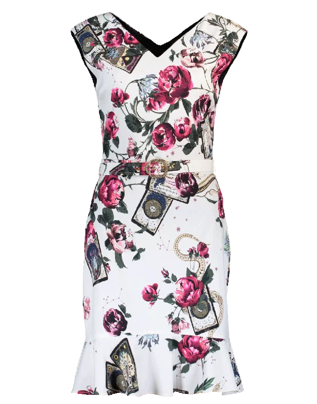 Belted Printed Dress Boat Neckline Classic
