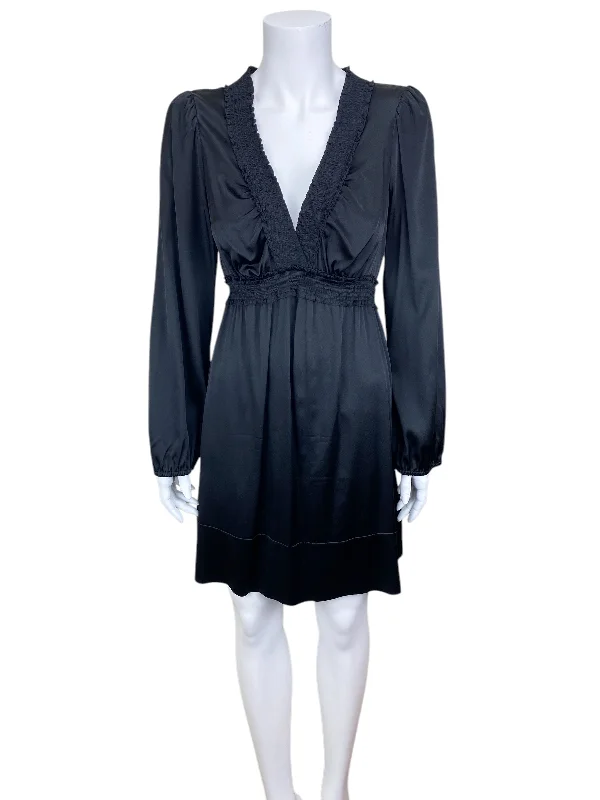 BCBG MAXAZRIA Women's Silk V-Neck Smocked Dress Black Size S Pencil Office Professional