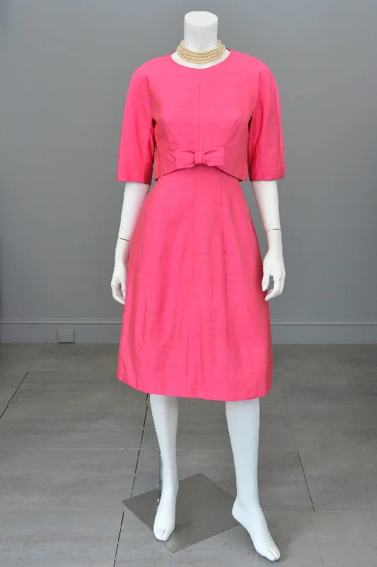 1960s Hot Pink Empire Wiggle Dress with Matching Bow Bolero Tunics Custom made