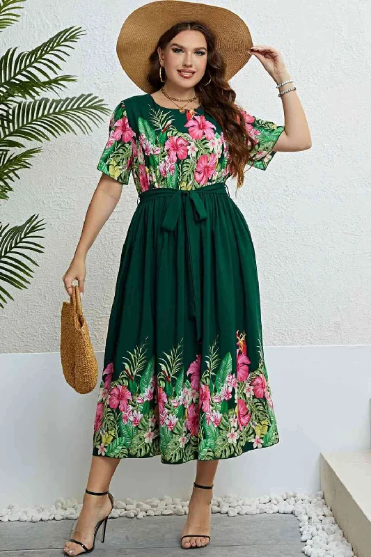 Women’s Plus Floral Green  Dress Tunics Solid Classic