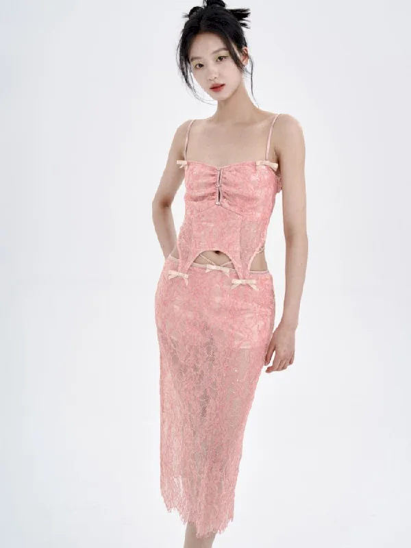 Peach Lace Camisole + Low Waist Lace Half Skirt Set【s0000008775】 spandex blend skirt