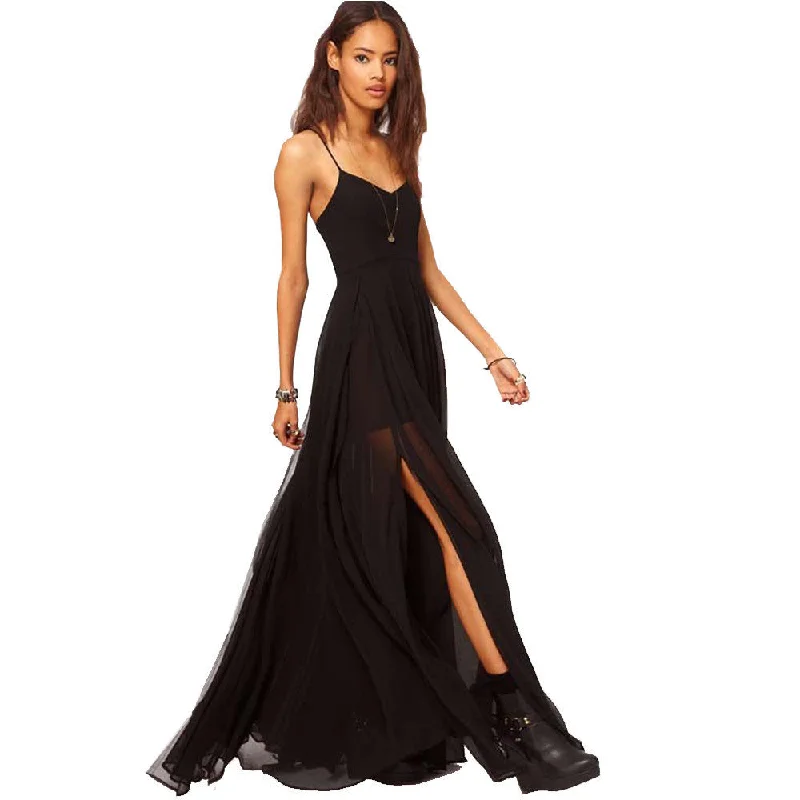 Women Dress V-neck Double Layer Floor Black Casual Full Evening Party Chiffon Maxi Long dress Women Dress V-neck Double Layer Floor Black Casual Full Evening Party Chiffon Maxi Long dress