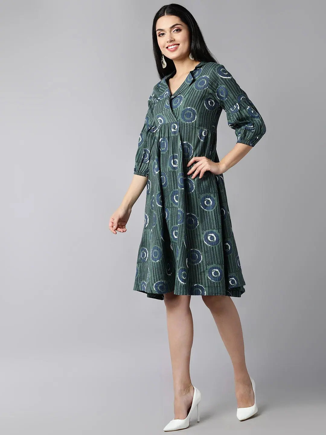 Ahika Green Cotton Printed Dress