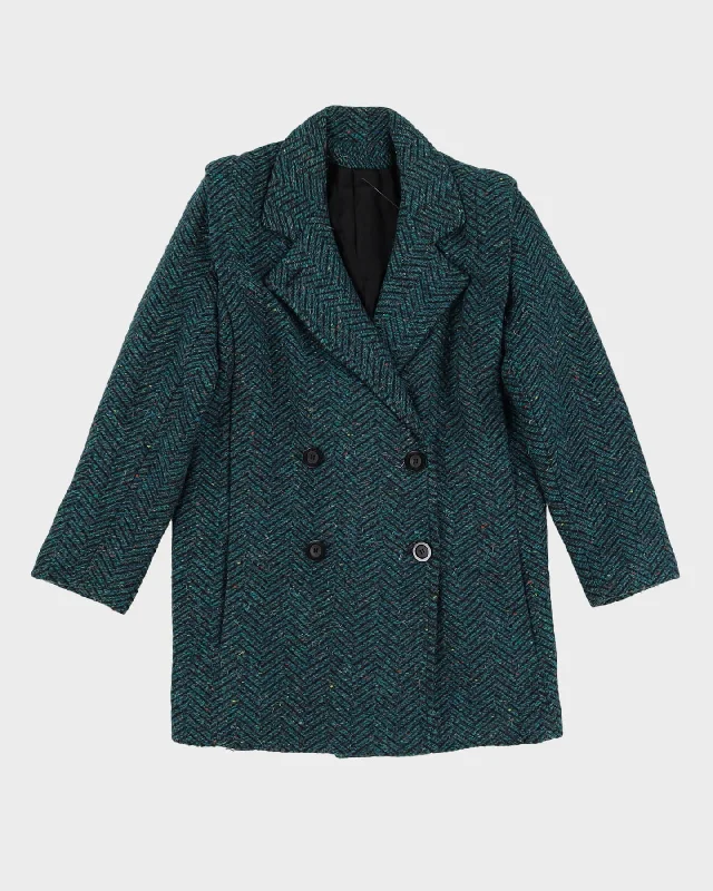 1990s Green Herringbone Wool Jacket - S A-Line Jacket Boat Neck Shawl Collar