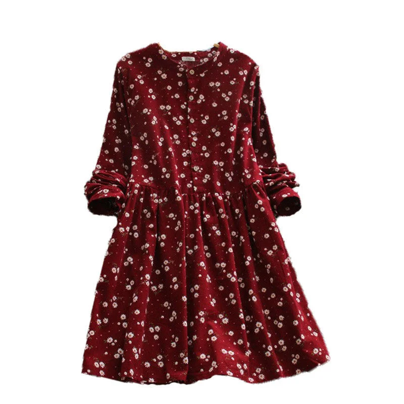 Japanese korean style long sleeved autumn fall all match fashion small flowers print floral fashion corduroy woman dress Japanese korean style long sleeved autumn fall all match fashion small flowers print floral fashion corduroy woman dress