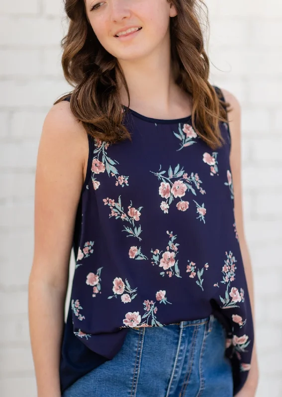 Navy Sleeveless Floral Tank Top black tank top