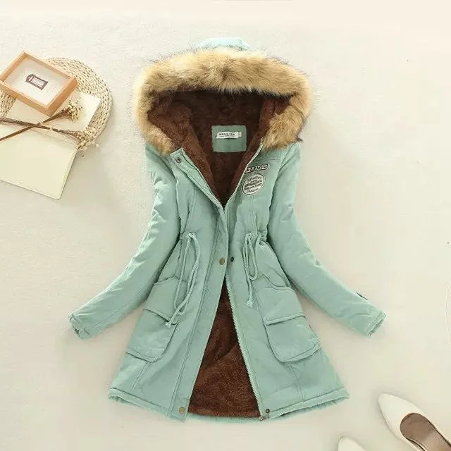 Winter jacket women new women's autumn and winter Slim waist lace long section hooded cotton jacket Zip Front Button Front Snap Front