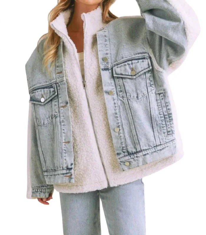 Oversized Utility Jacket In Denim Zippered Front Buttoned Front Snap Front