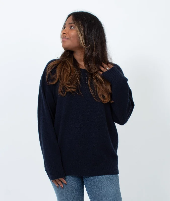 Navy Pullover Sweater Puff Sleeve Stylish