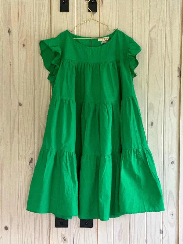 Green Cap Sleeved Tiered Poplin Dress