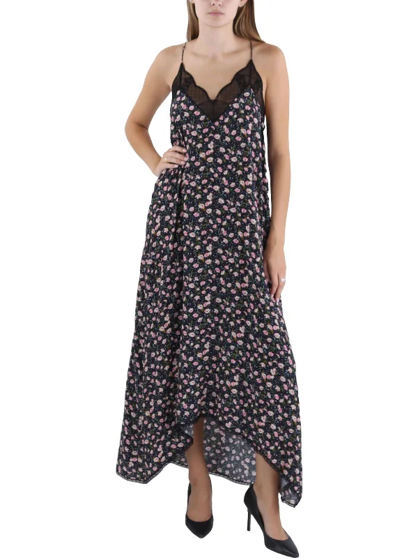Womens Tea Length Lace Trim Slip Dress