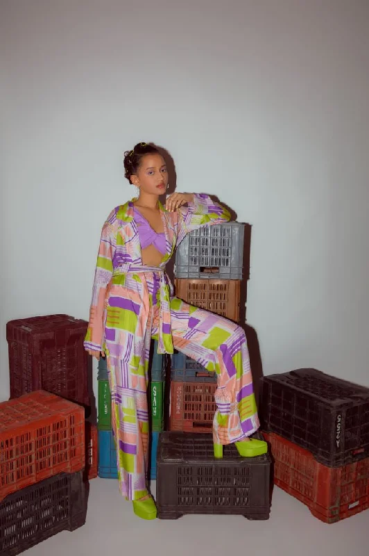 Geometric Printed Jacket with Belt Welt Pockets Slit Pockets Flap Pockets