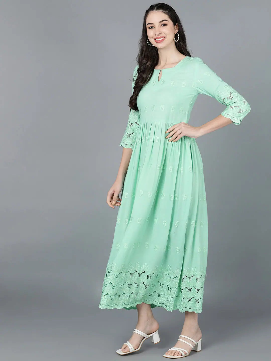 Ahika Women Sea Green Viscose Rayon Embroidered Dress
