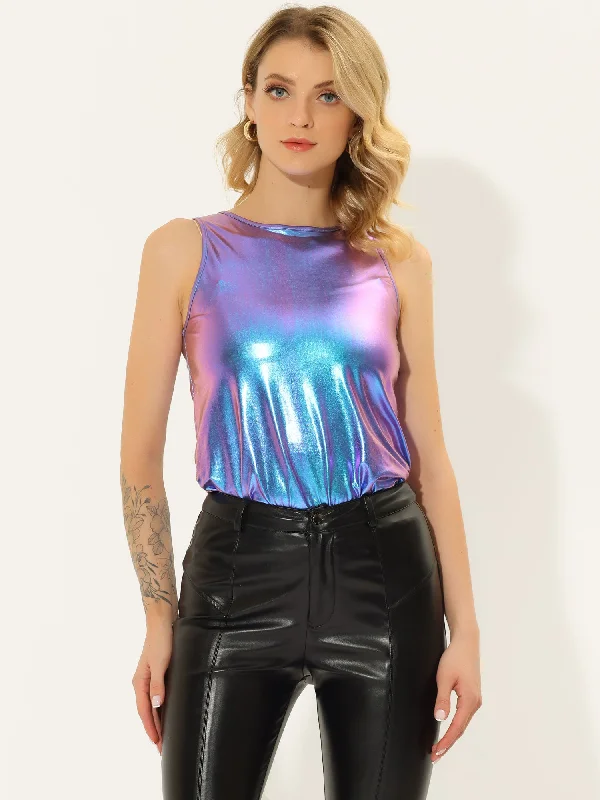 Shiny Sleeveless Camisole Club Shimmer Metallic Tank Top cherry red tank