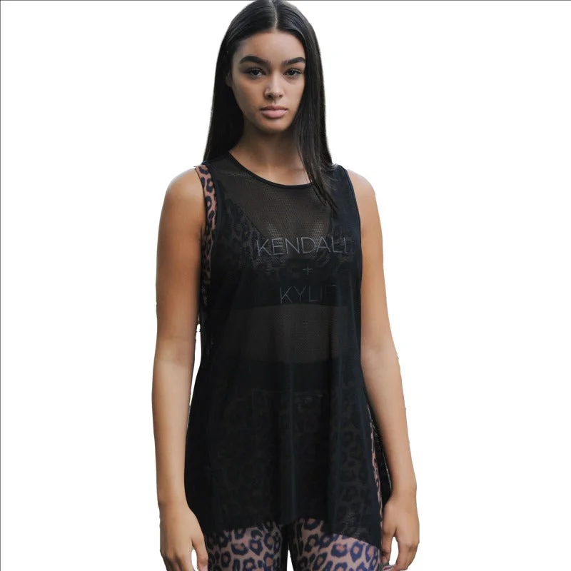 Women's Black Mesh Knotted Tank rhinestone tank top