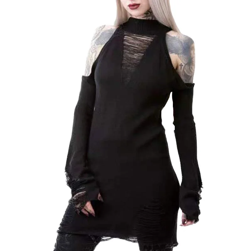 Women's Off Shoulder Black Gothic Long Sweater / Hollow Out Knit Pullover Crew Neck Wool Women's Off Shoulder Black Gothic Long Sweater / Hollow Out Knit Pullover Crew Neck Wool
