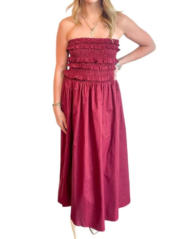 Stunningly Strapless Smocked Dress In Crimson
