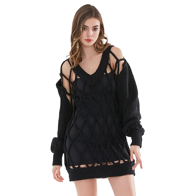 Knitted Thin V-Neck Long Sleeve Women Sweater / Hollow Out Loose Pullover Button Front Sweater Knitted Thin V-Neck Long Sleeve Women Sweater / Hollow Out Loose Pullover Button Front Sweater