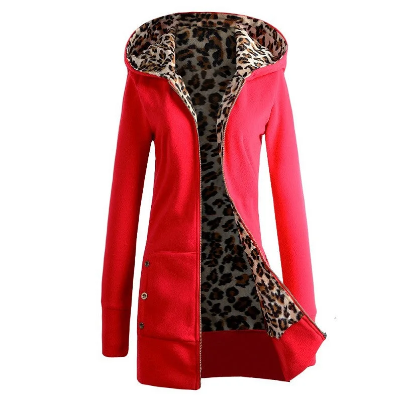 Winter Warm Fashion Women Lady Long Sleeve Hoodies Sweatshirt Slim Fit Leopard Coat Jacket Outerwear Wool Jacket Cashmere Jacket Tweed Jacket