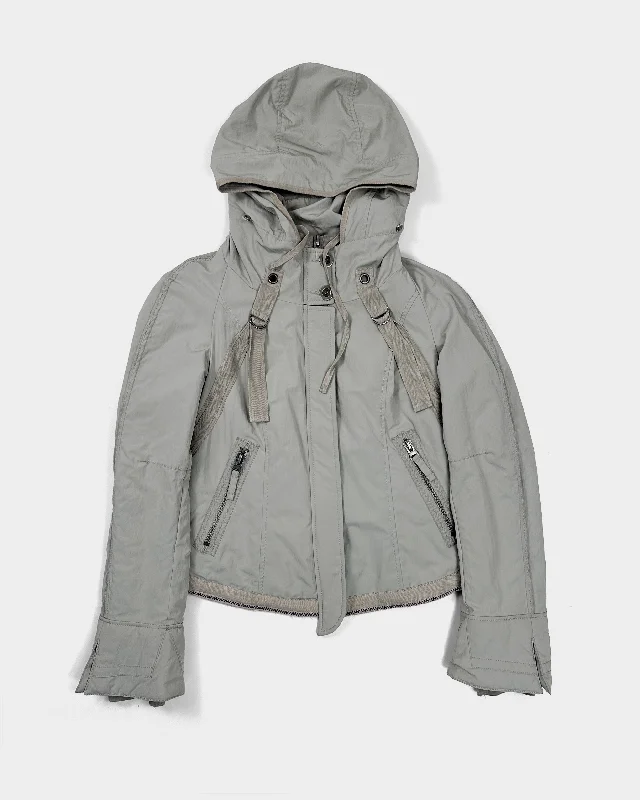 Marithé Francois Girbaud Light Grey Hooded Jacket 2000's Denim Jacket Leather Jacket Suede Jacket